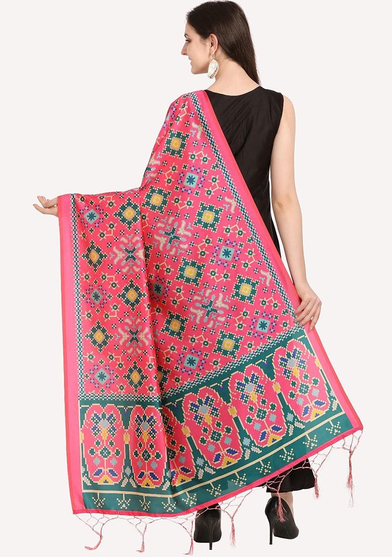 Pink And Green Ethnic Motifs Printed Dupatta