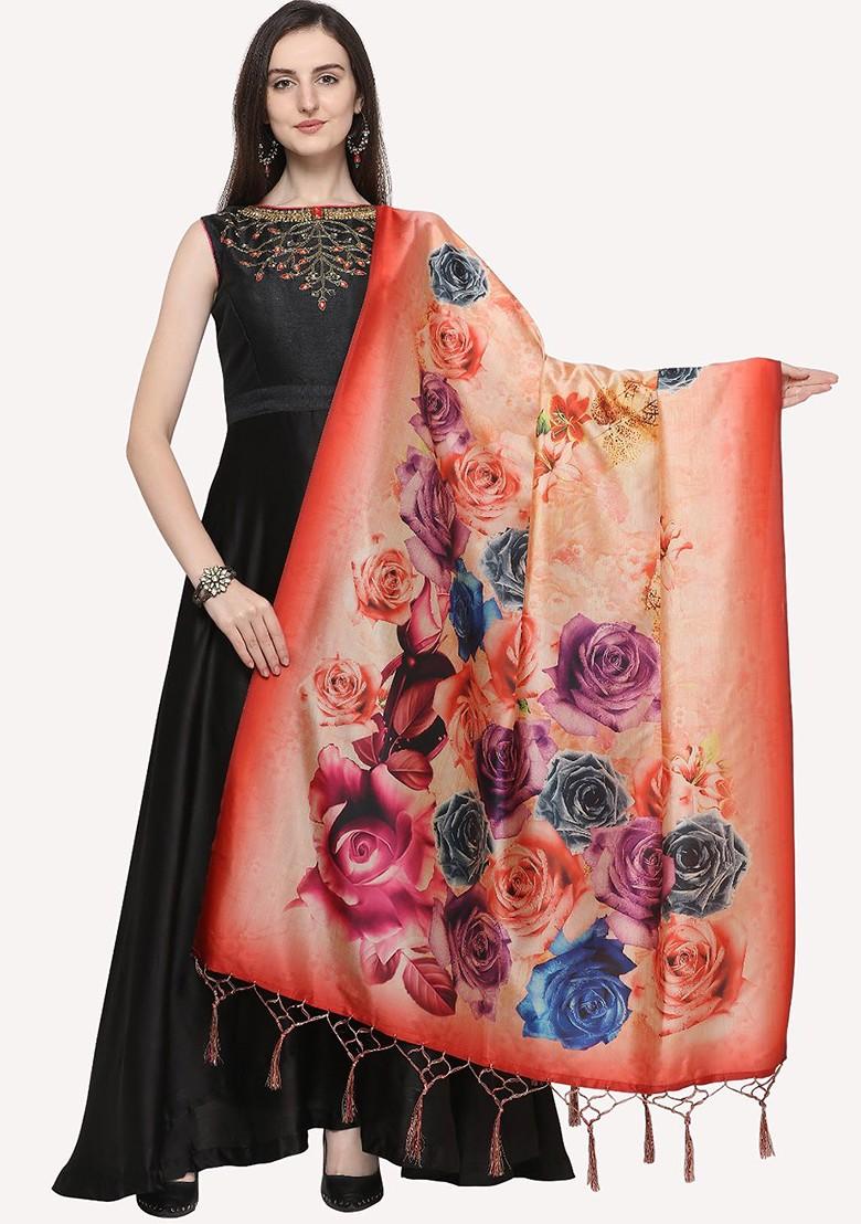 Peach Coloured And Blue Ethnic Motifs Printed Dupatta