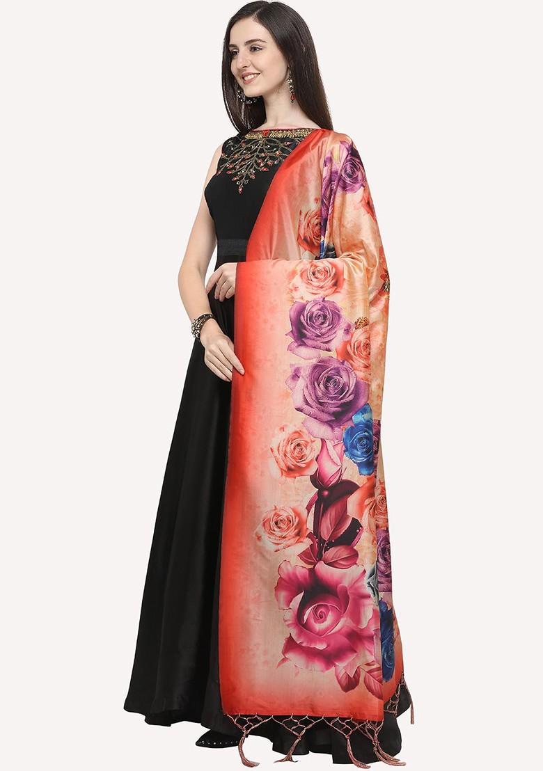 Peach Coloured And Blue Ethnic Motifs Printed Dupatta