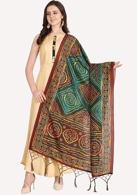 Brown And Green Ethnic Motifs Printed Dupatta
