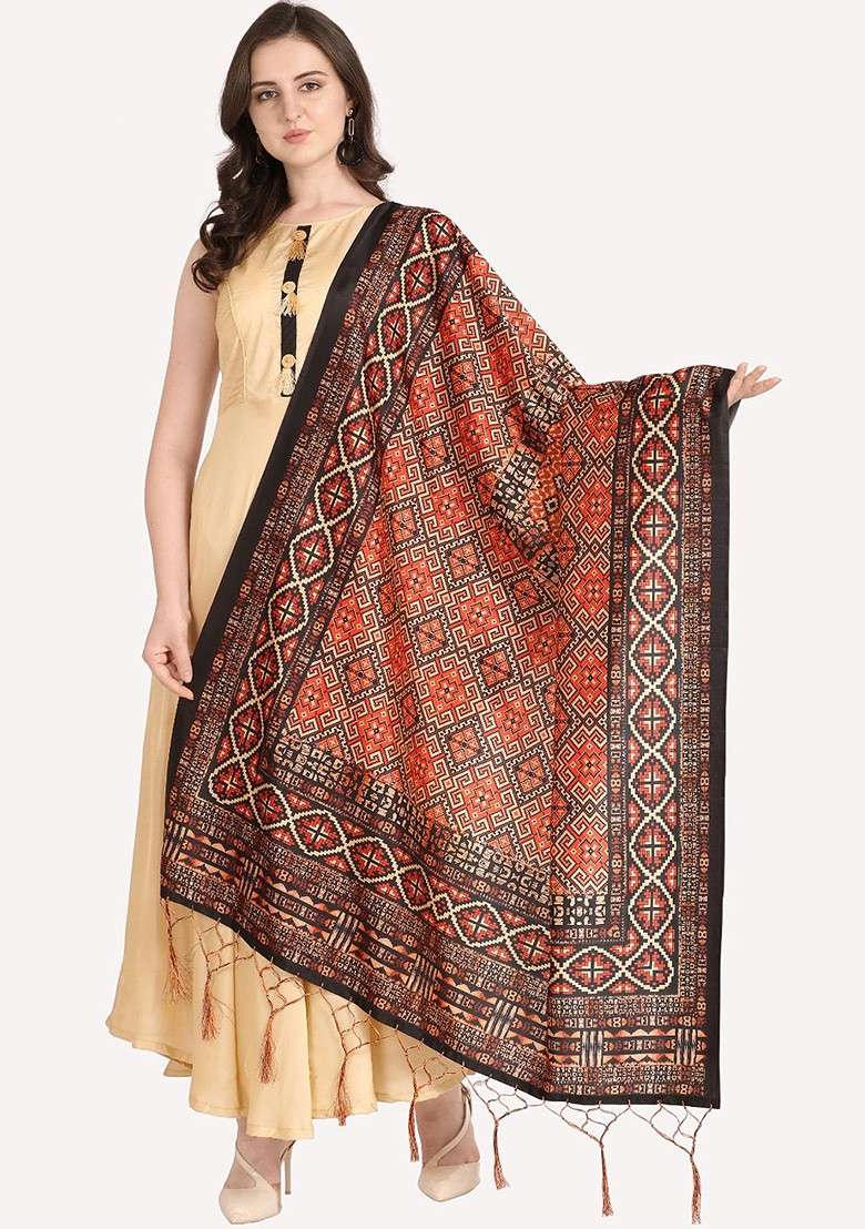 Black And Red Ethnic Motifs Printed Dupatta - Indya