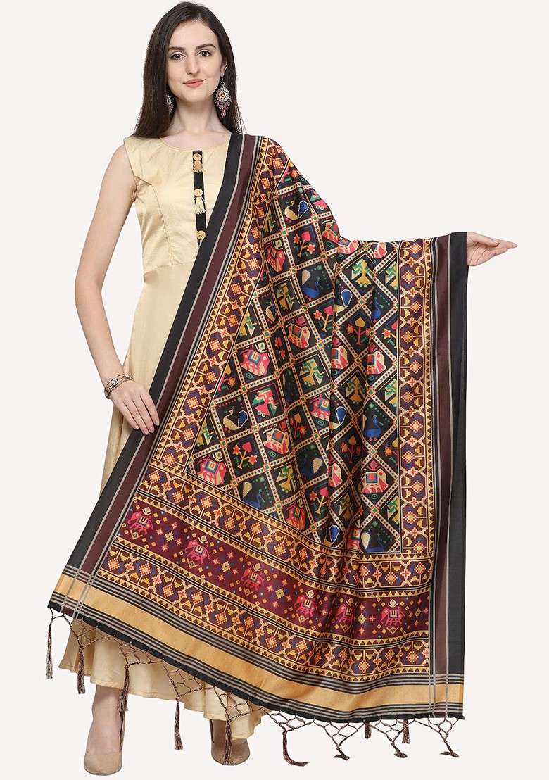 Black And Maroon Ethnic Motifs Printed Dupatta - Indya
