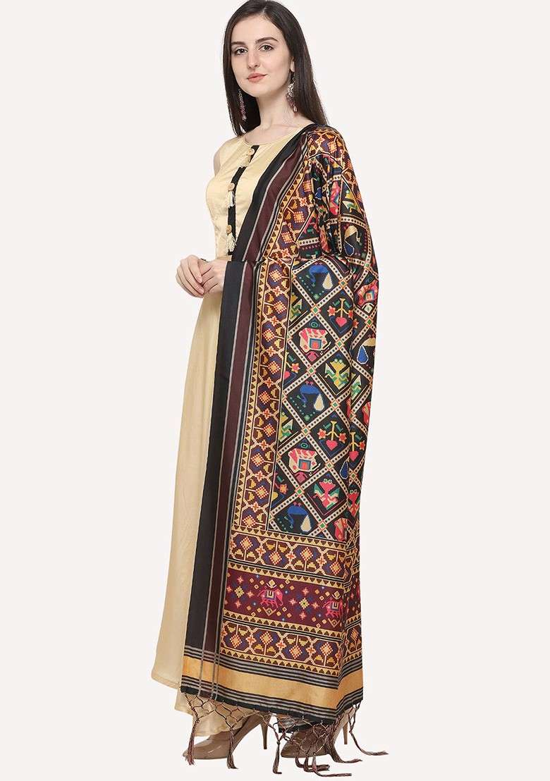 Black And Maroon Ethnic Motifs Printed Dupatta - Indya
