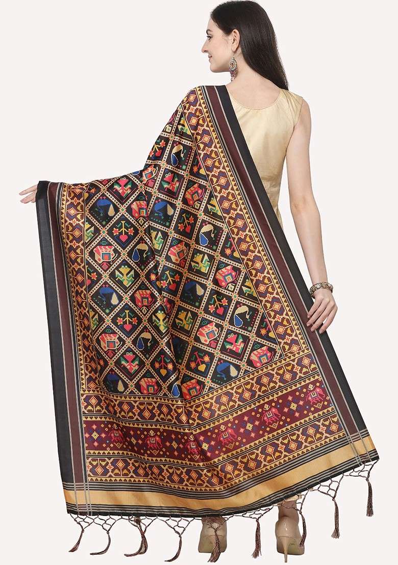 Black And Maroon Ethnic Motifs Printed Dupatta - Indya