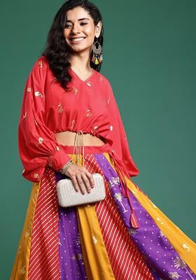 Red Printed Blended Lehenga Choli