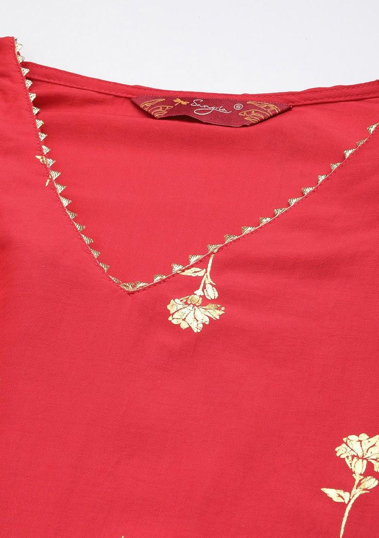 Red Printed Blended Lehenga Choli - Indya