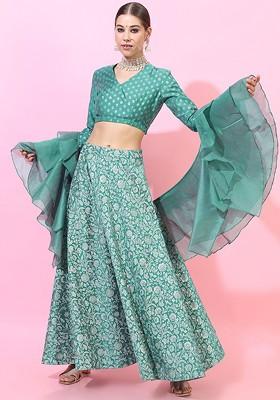 Turquoise Blue Printed Blended Lehenga Choli