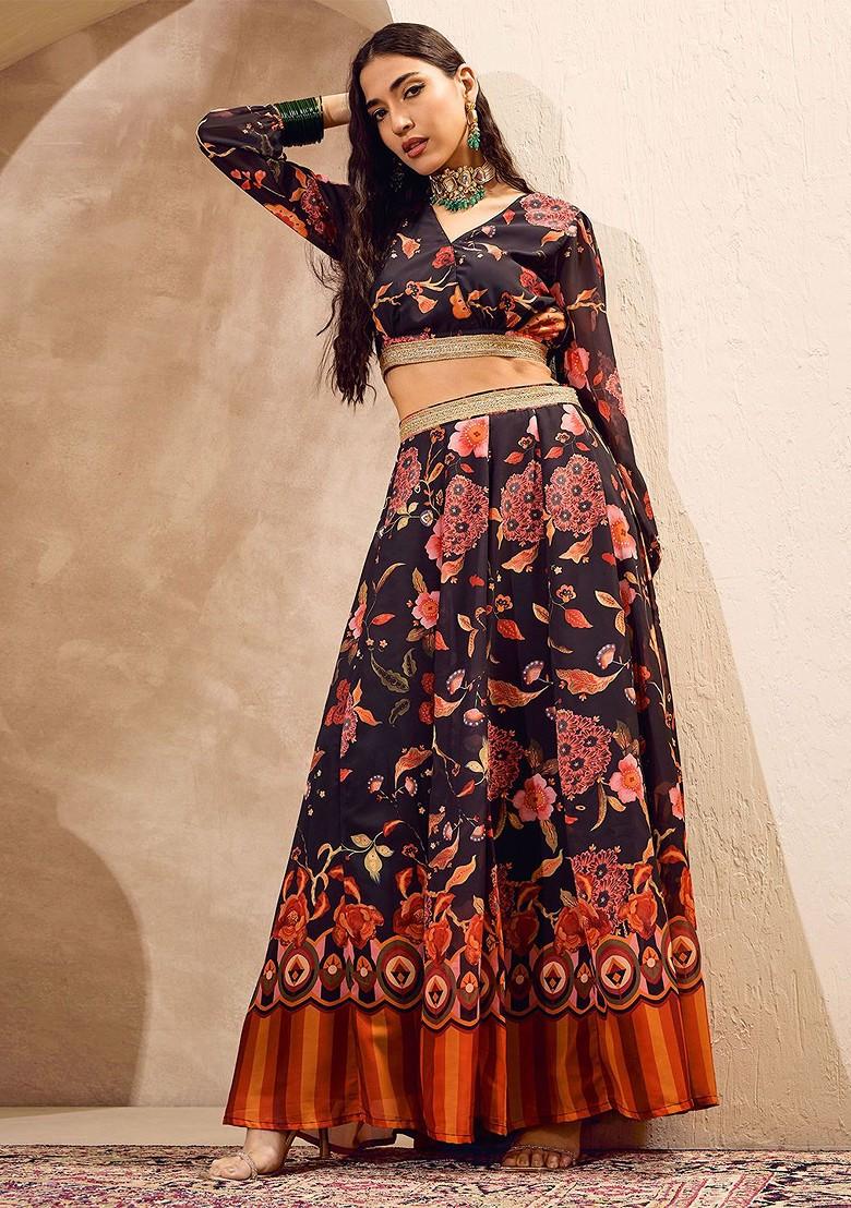 Black Printed Blended Lehenga Choli