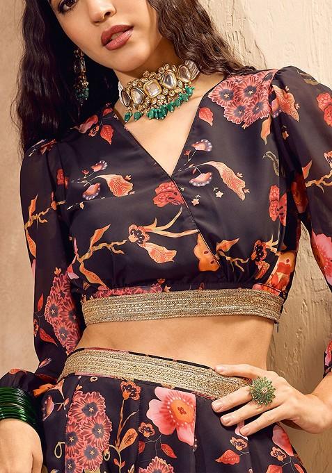 Black Printed Blended Lehenga Choli