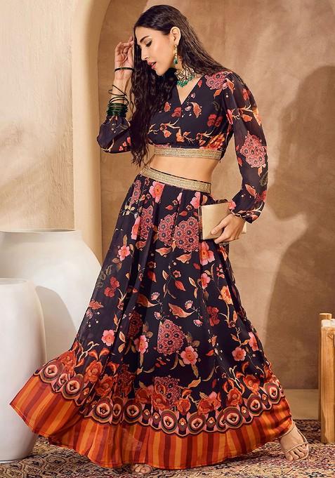 Black Printed Blended Lehenga Choli