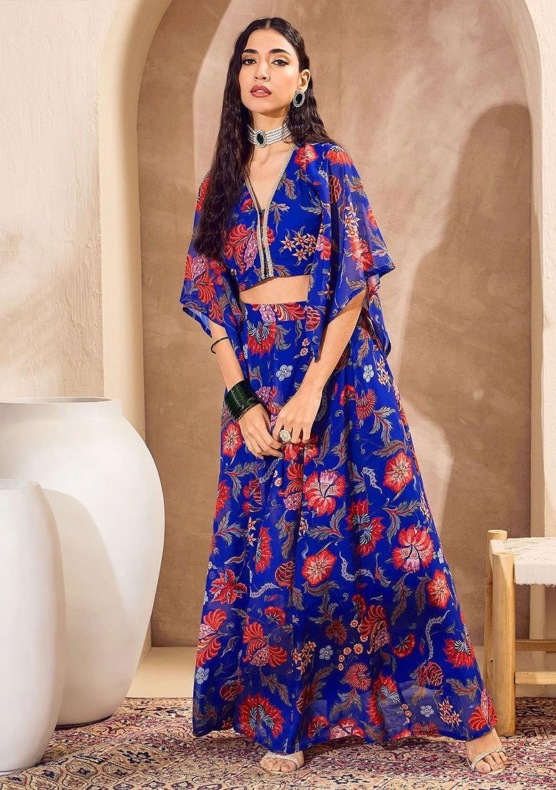 Blue Printed Blended Lehenga Choli