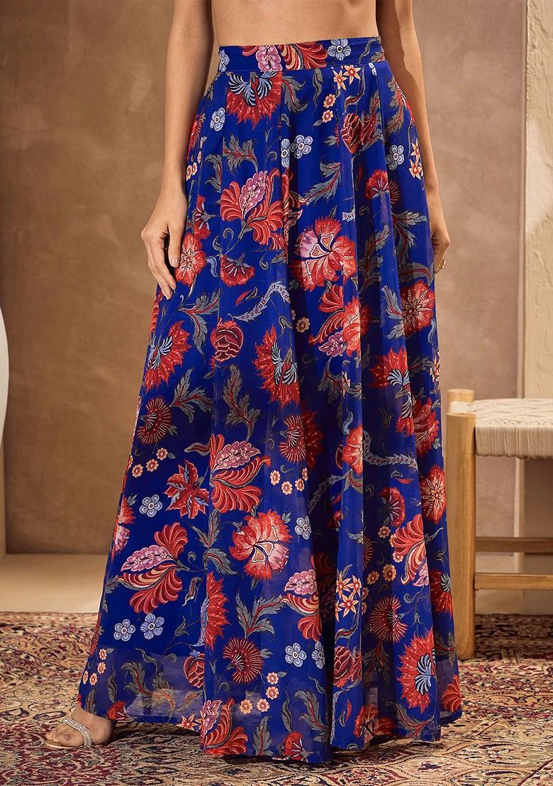 Blue Printed Blended Lehenga Choli