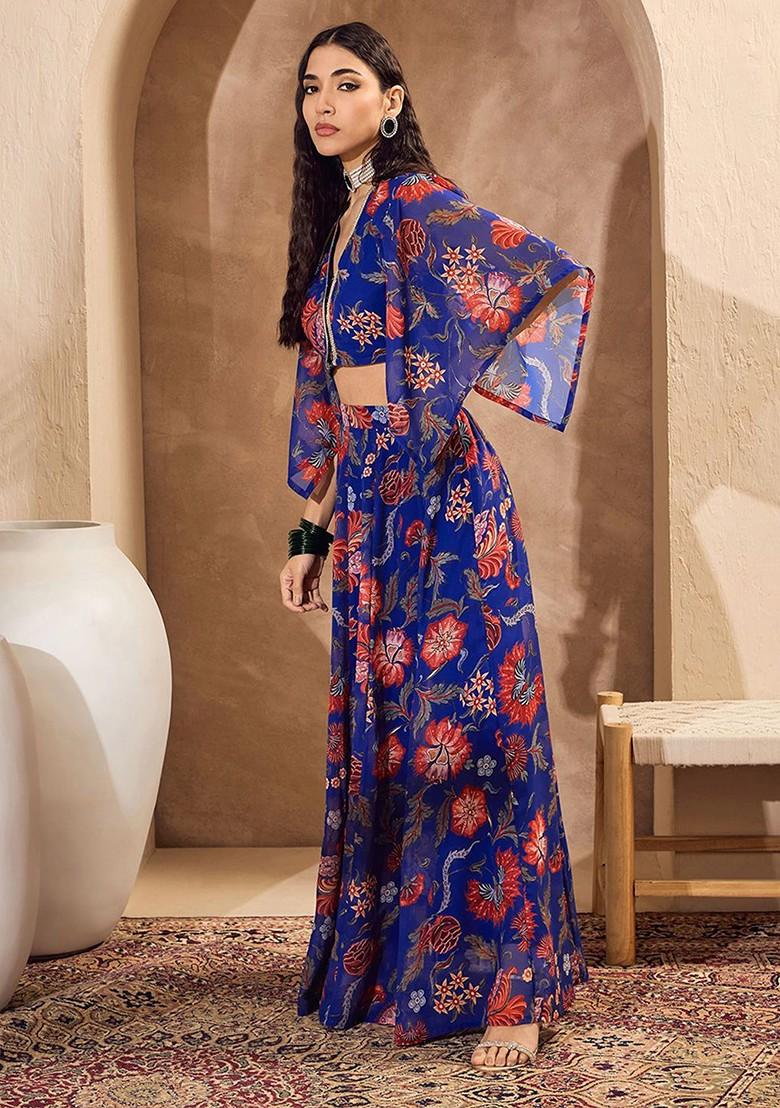 Blue Printed Blended Lehenga Choli