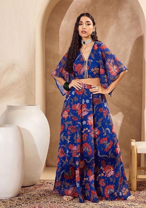 Blue Printed Blended Lehenga Choli