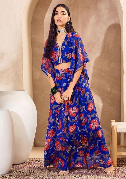 Blue Printed Blended Lehenga Choli