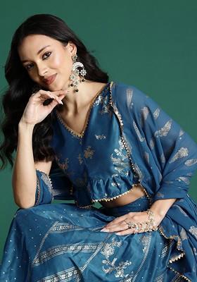 Teal Printed Blended Lehenga Choli