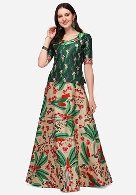 Cream Printed Blended Lehenga Choli