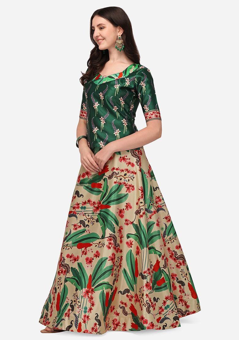 Cream Printed Blended Lehenga Choli - Indya