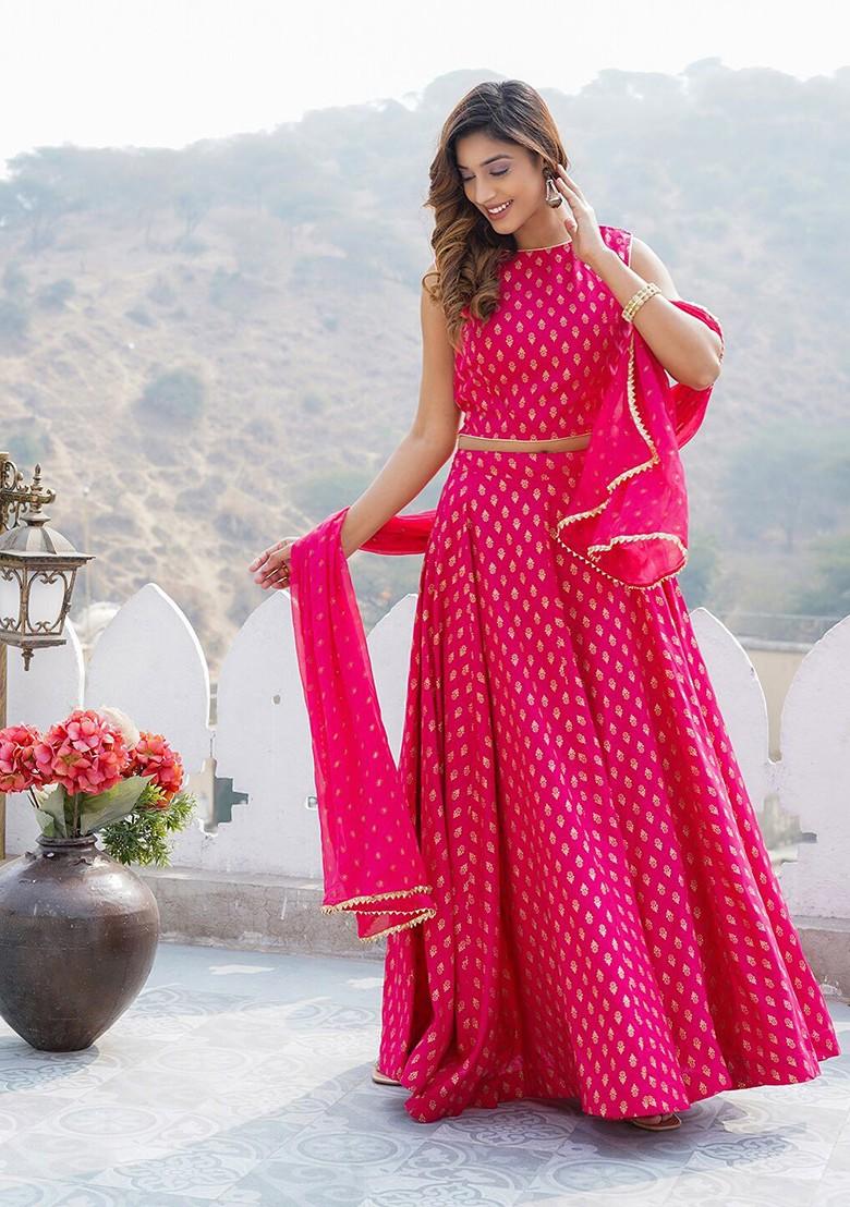 Pink Printed Blended Lehenga Choli