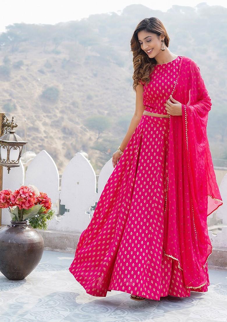 Pink Printed Blended Lehenga Choli
