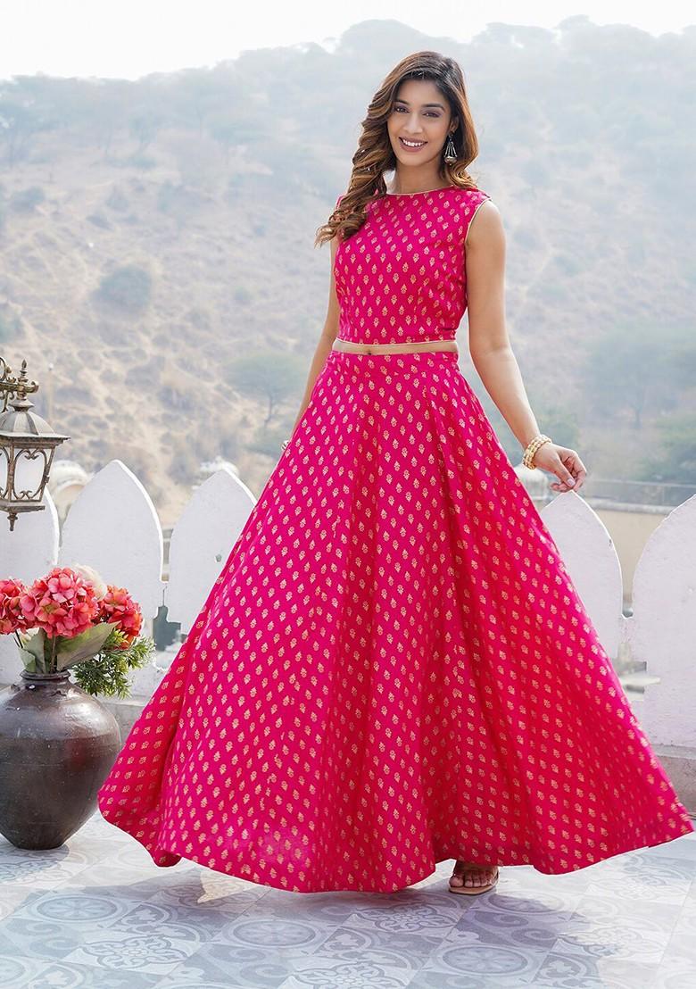 Pink Printed Blended Lehenga Choli
