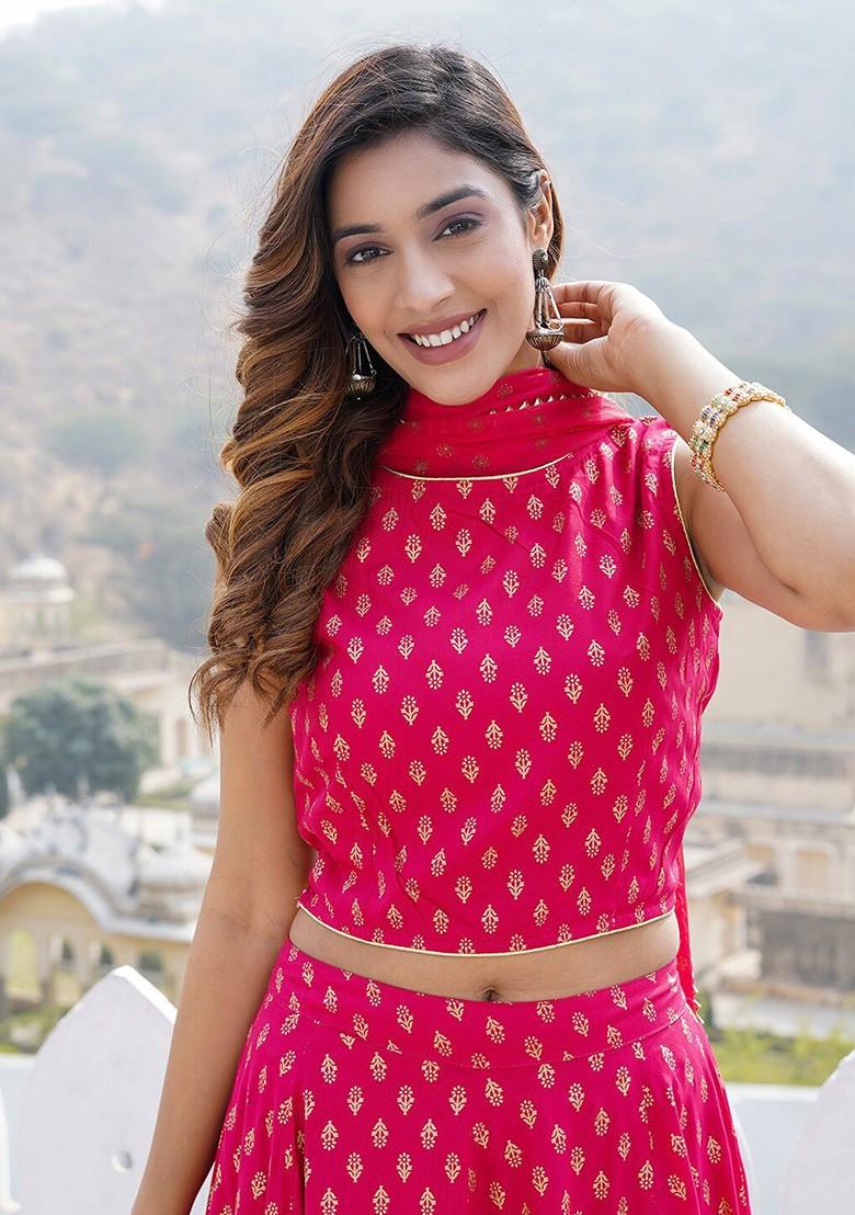 Pink Printed Blended Lehenga Choli