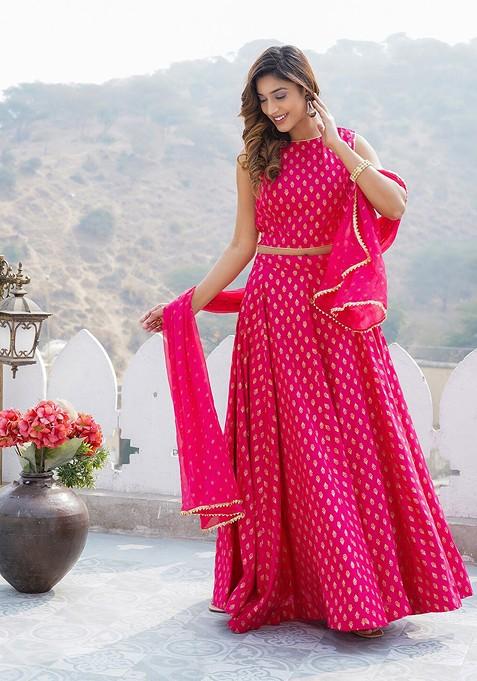 Pink Printed Blended Lehenga Choli