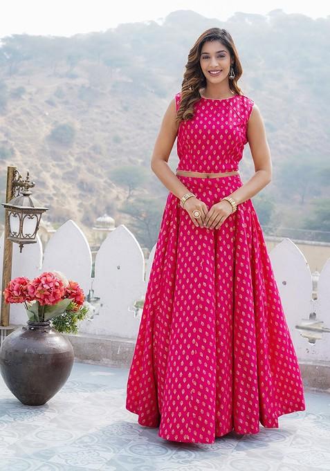 Pink Printed Blended Lehenga Choli