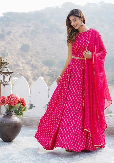 Pink Printed Blended Lehenga Choli