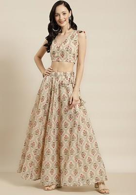 Beige Printed Blended Lehenga Choli