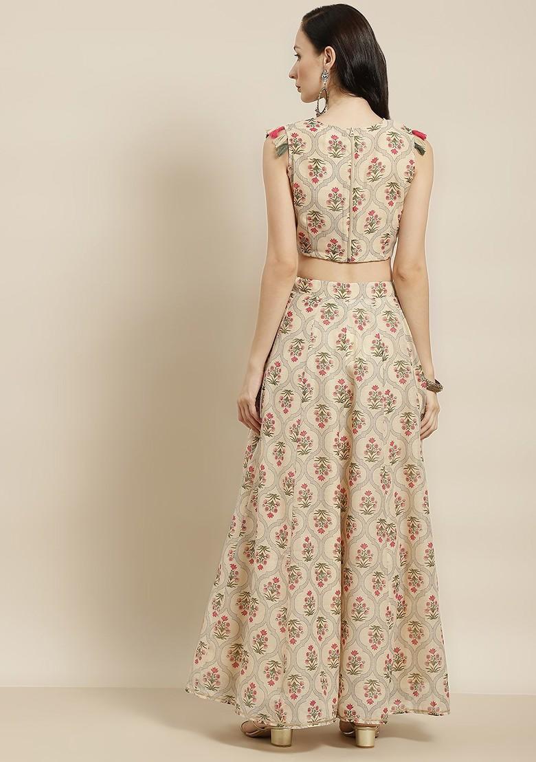 Beige Printed Blended Lehenga Choli - Indya
