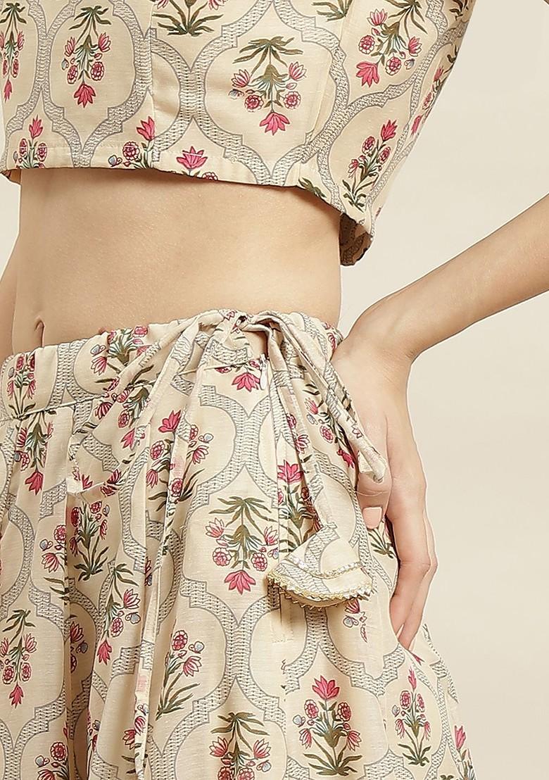 Beige Printed Blended Lehenga Choli - Indya