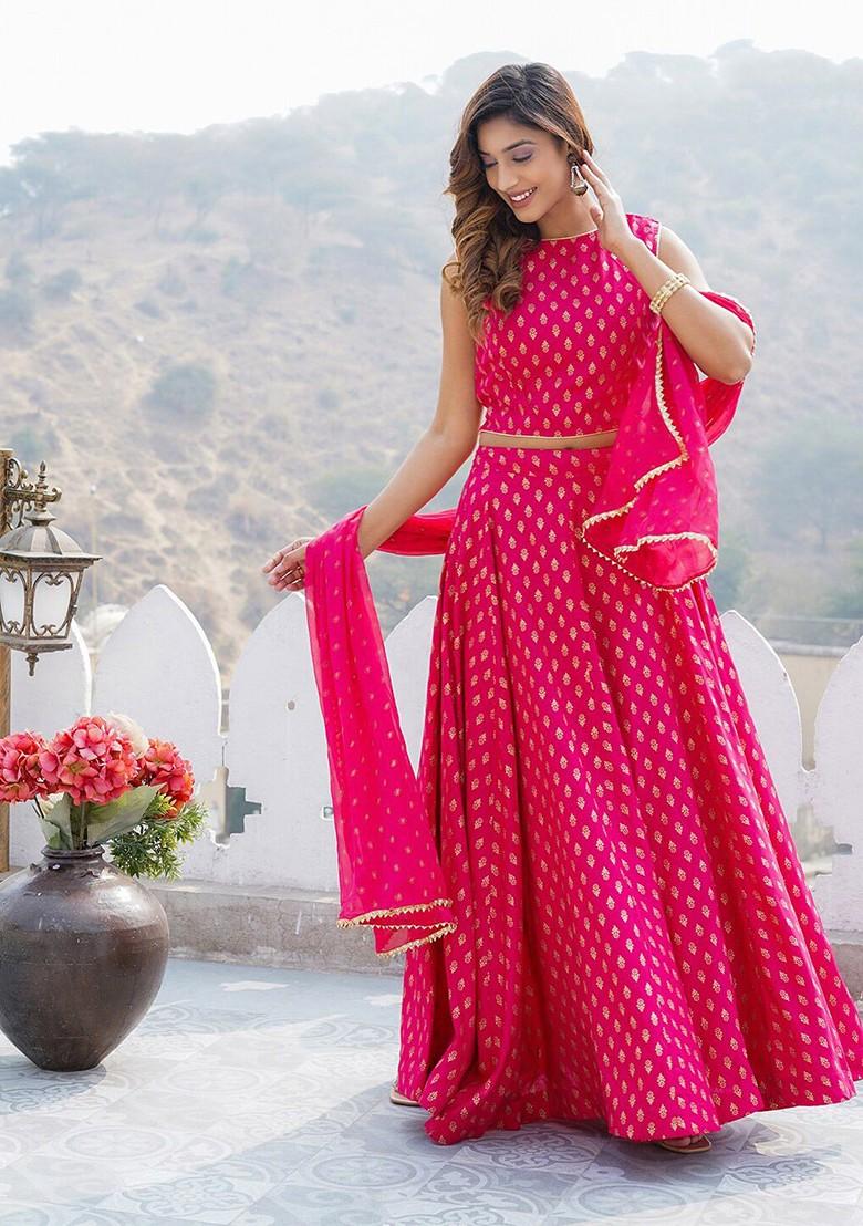 Pink Printed Blended Lehenga Choli - Indya