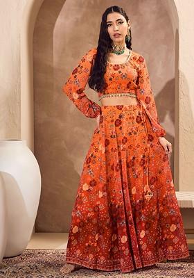 Orange Printed Blended Lehenga Choli