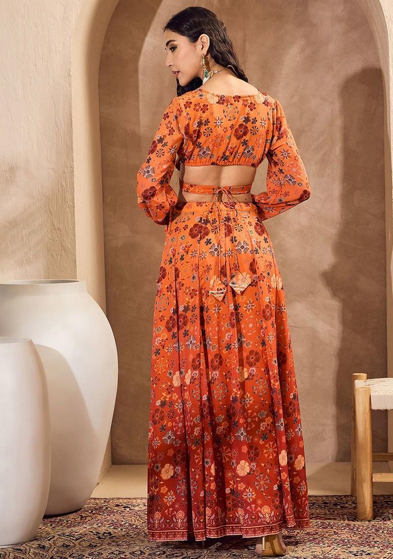 Orange Printed Blended Lehenga Choli - Indya