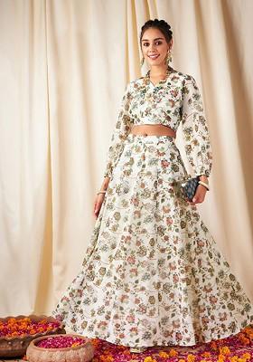 Beige Printed Blended Lehenga Choli