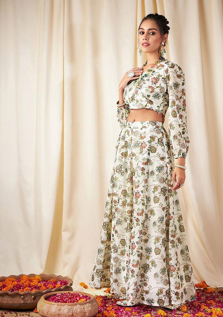 Beige Printed Blended Lehenga Choli - Indya