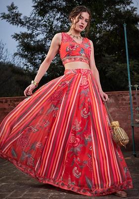 Red Printed Blended Lehenga Choli