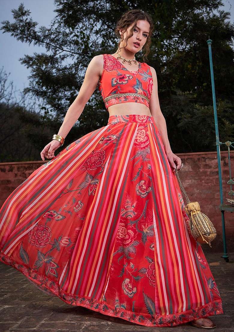 Red Printed Blended Lehenga Choli - Indya