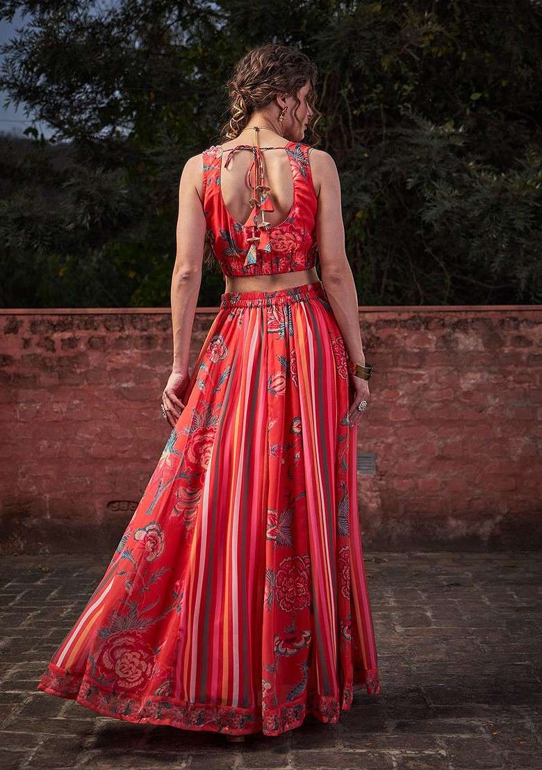 Red Printed Blended Lehenga Choli - Indya