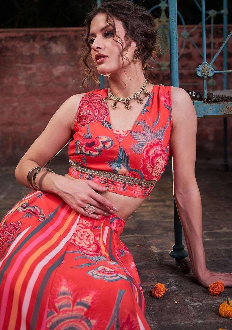 Red Printed Blended Lehenga Choli - Indya