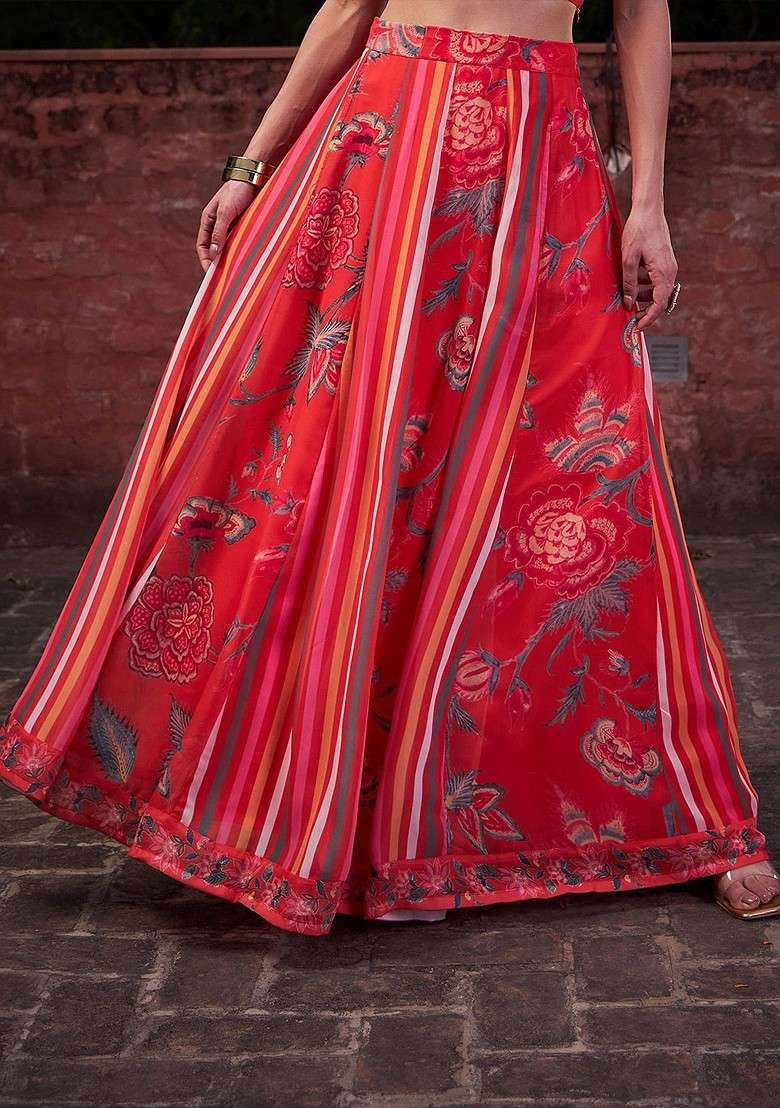 Red Printed Blended Lehenga Choli - Indya