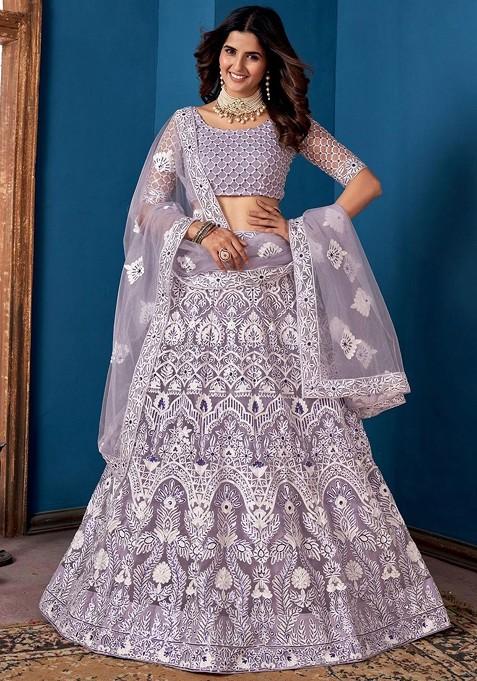 Lavender Emboridered Blended Lehenga Choli — view on Indya