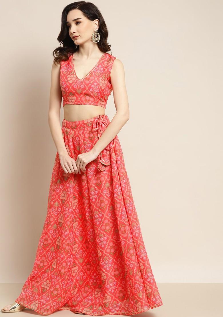Peach Printed Blended Lehenga Choli