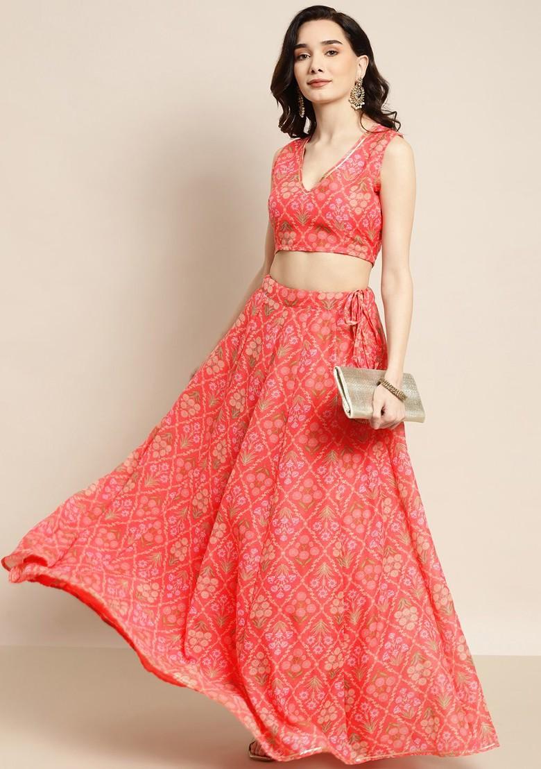 Peach Printed Blended Lehenga Choli