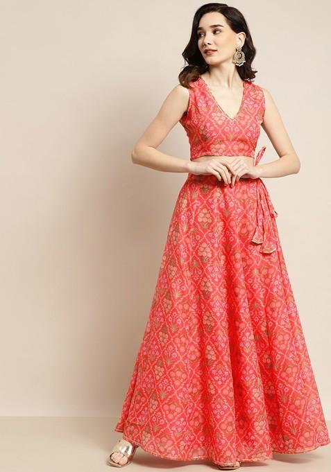 Peach Printed Blended Lehenga Choli