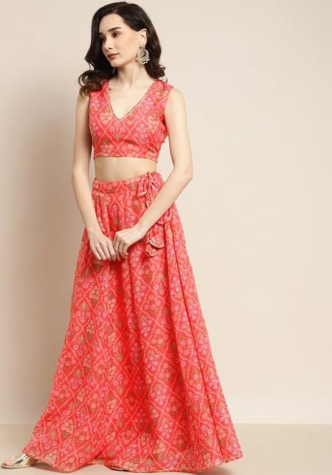 Peach Printed Blended Lehenga Choli