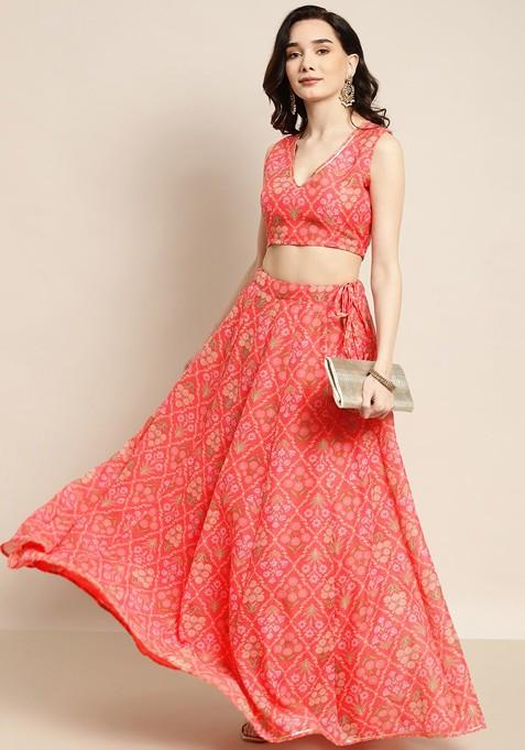 Peach Printed Blended Lehenga Choli