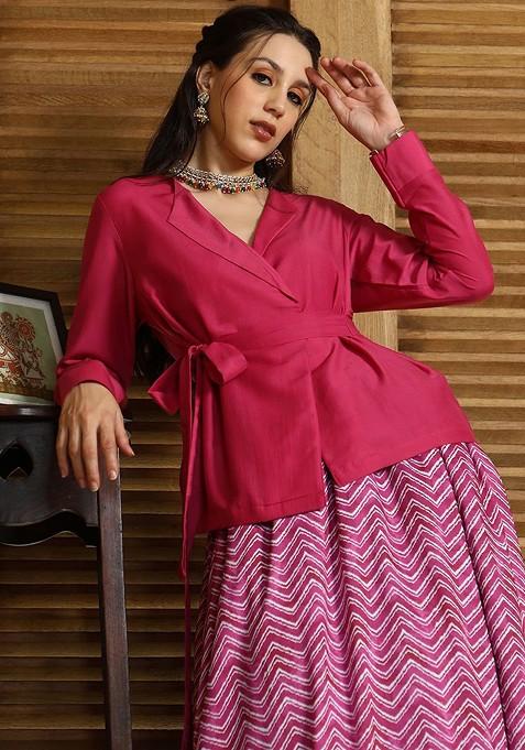 Pink Printed Blended Lehenga Choli