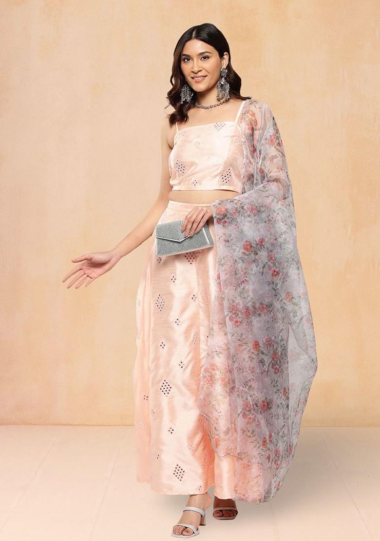 Peach Emboridered Blended Lehenga Choli